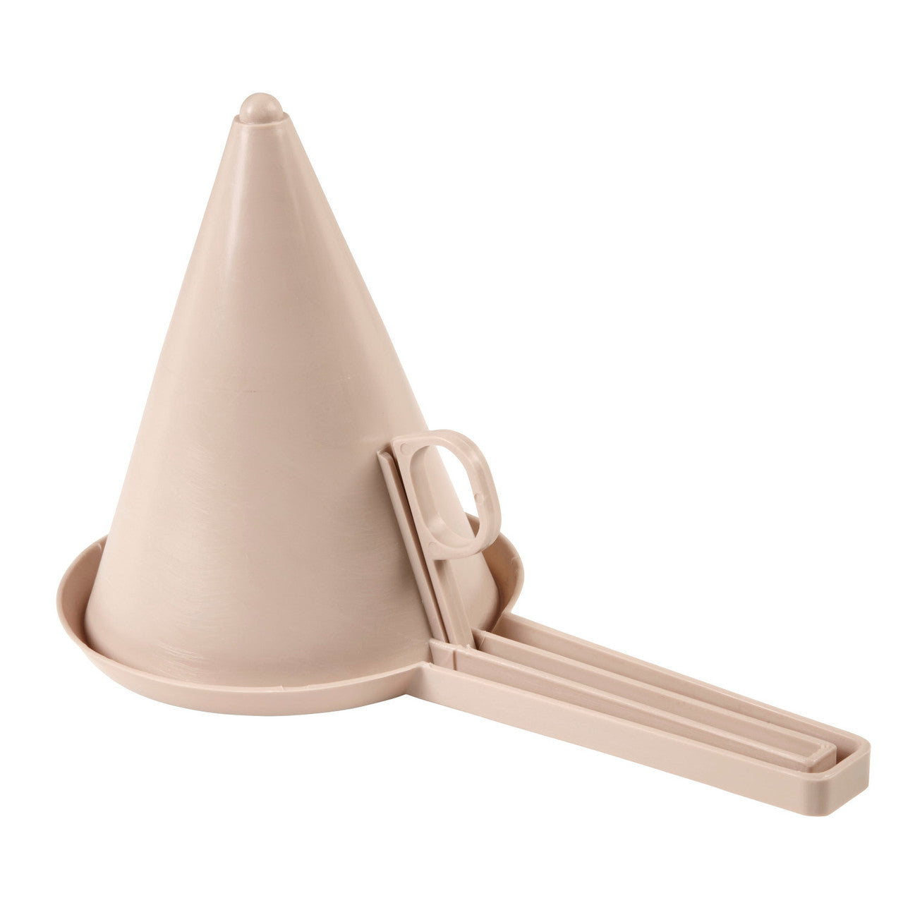 Plastic candy funnel with push-button handle, designed for precise pouring of melted chocolate or candy coatings.