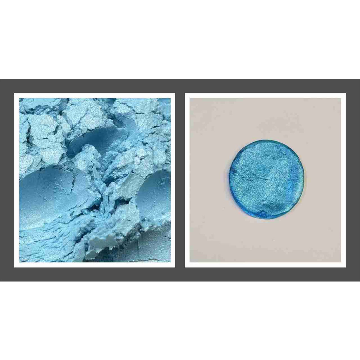Close-up photo of bright blue edible luster dust powder with a metallic shimmer beside a swatched blue circle showing the reflective finish on a light background.