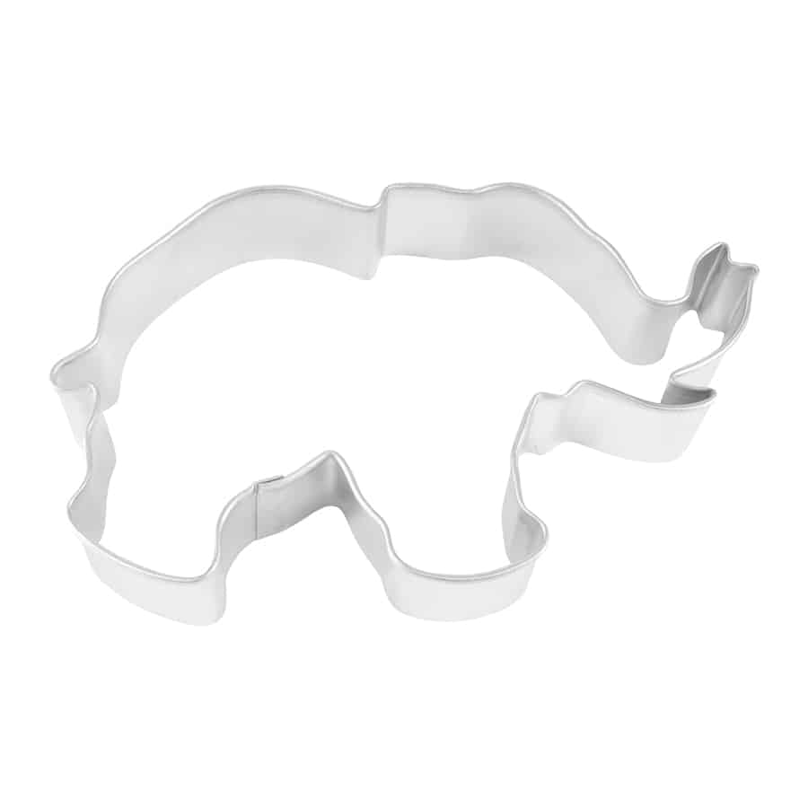 Metal elephant-shaped cookie cutter with a raised trunk and rounded body.
