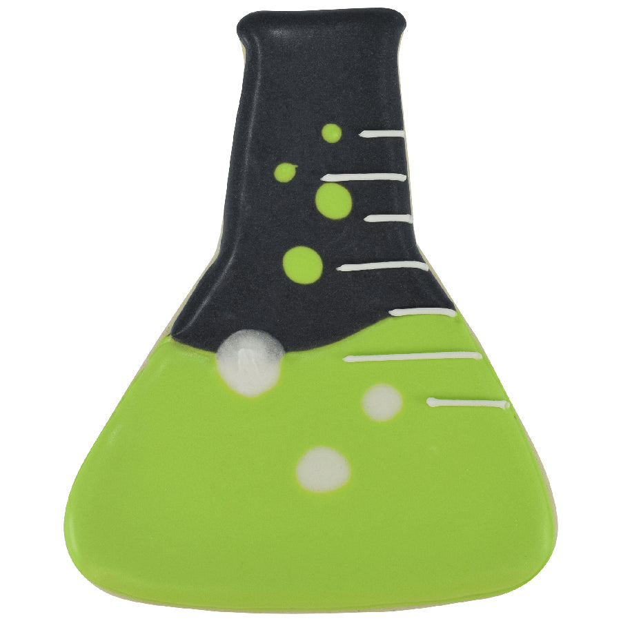 Beaker-shaped sugar cookie decorated with green and black icing, featuring bubbling potion details for a fun science or Halloween theme.