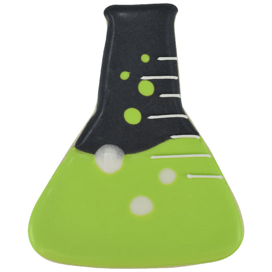 Beaker-shaped sugar cookie decorated with green and black icing, featuring bubbling potion details for a fun science or Halloween theme.