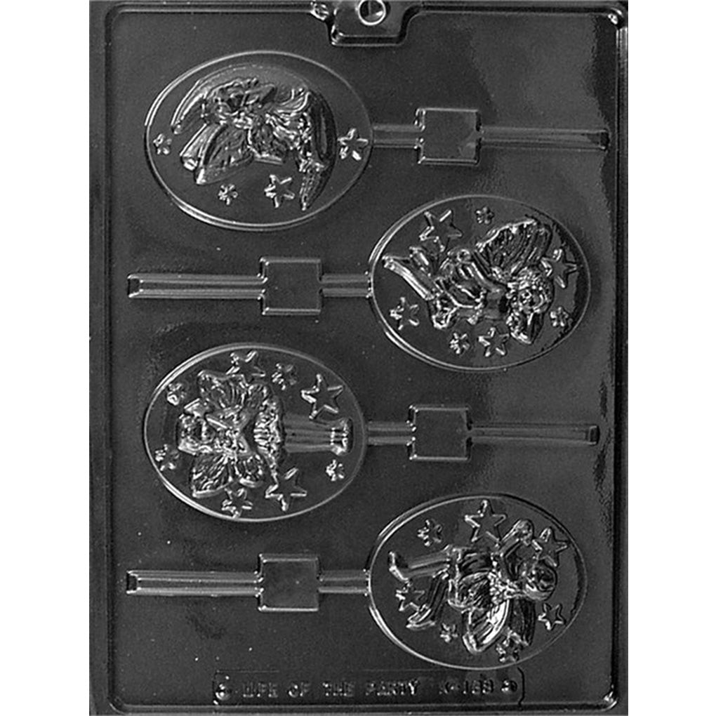 Fairy chocolate lollipop mold with four oval cavities featuring seated winged fairies surrounded by stars and small flowers