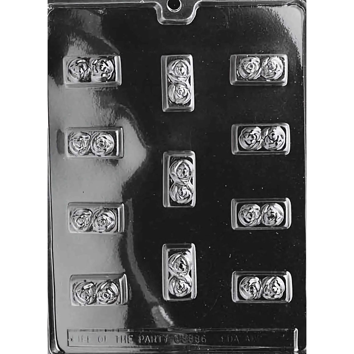 Clear plastic Fancy Filled Rose Rectangles Chocolate Mold with 11 rectangular cavities, each featuring two detailed rose blossoms