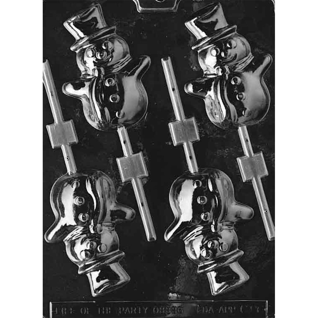 Clear plastic cartoon snowman chocolate lollipop mold with four large snowman cavities wearing top hats and scarves, showing raised buttons and smiling faces with stick channels.