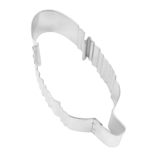 Metal feather-shaped cookie cutter with a detailed, slightly curved design, perfect for nature-themed and decorative baking.