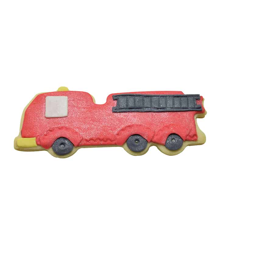 Decorated fire truck cookie with a bright red base, black icing ladder, grey wheels, and yellow details, designed to resemble a classic fire engine.