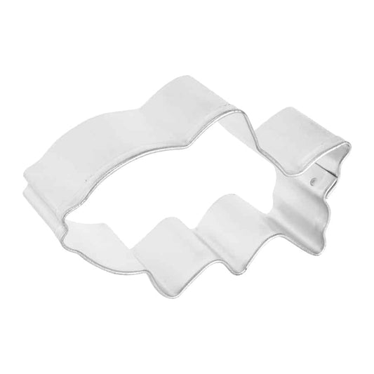 Angled side view of a fish cookie cutter, showing its sturdy metal construction and well-defined shape.