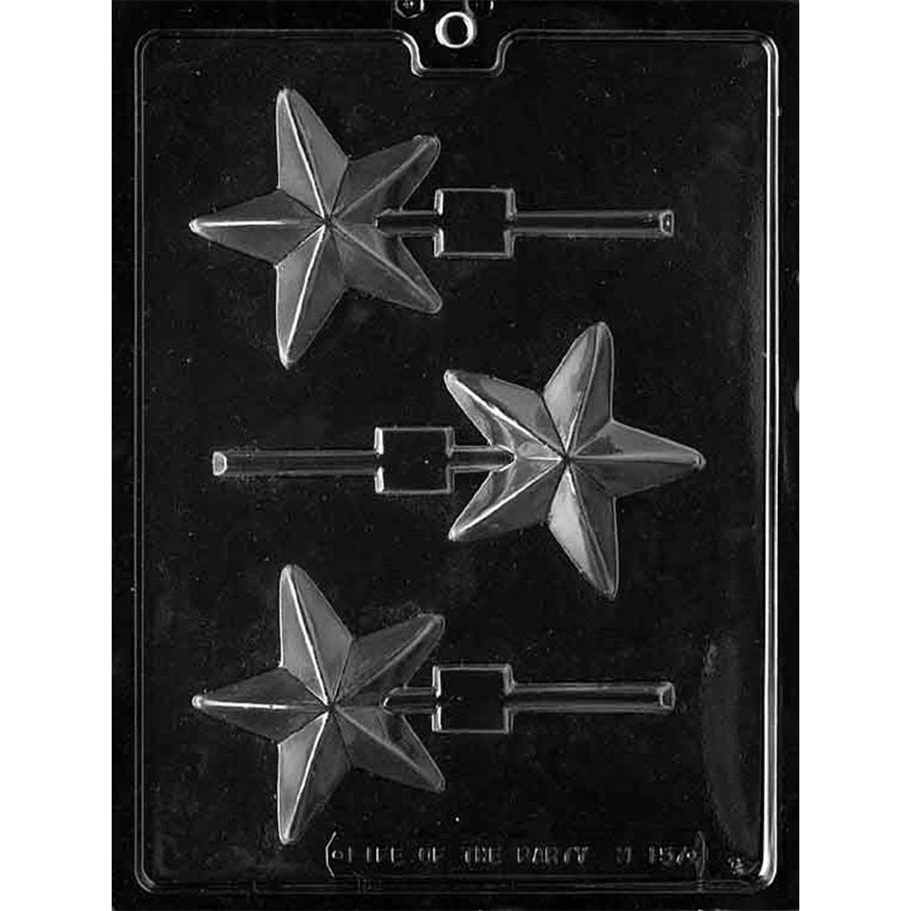 Clear plastic chocolate lollipop mold with three star-shaped cavities featuring faceted points and stick channels for making star chocolate pops.