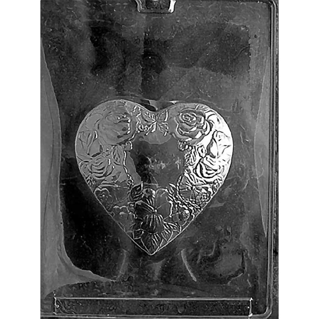 Clear plastic Floral Heart Chocolate Mold with one large domed heart cavity framed by raised roses, blossoms, and leaves