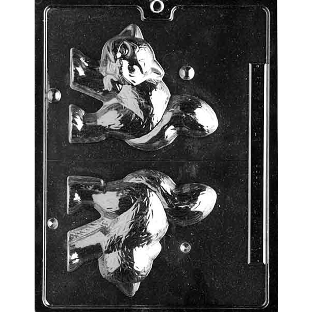 Clear plastic 3D chocolate mold photographed on a black background with two large cat-shaped halves, showing a cartoon cat with big eyes and an arched back plus a straight cut-guide line on the right.