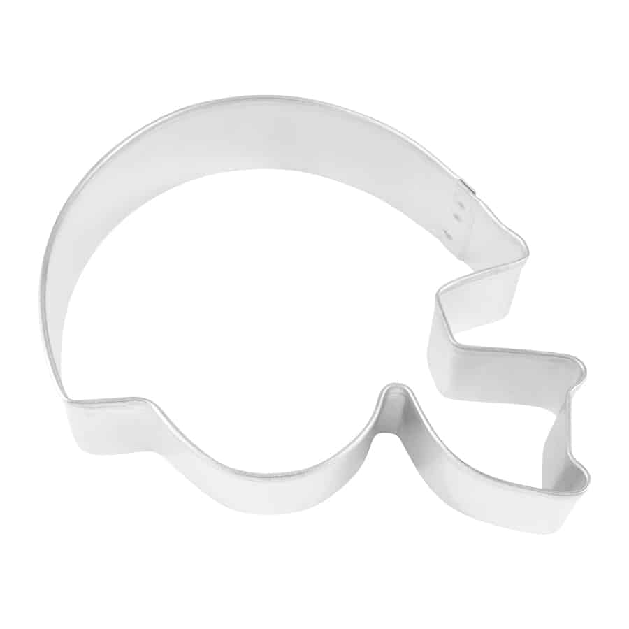 Silver football helmet-shaped cookie cutter with a detailed facemask design.