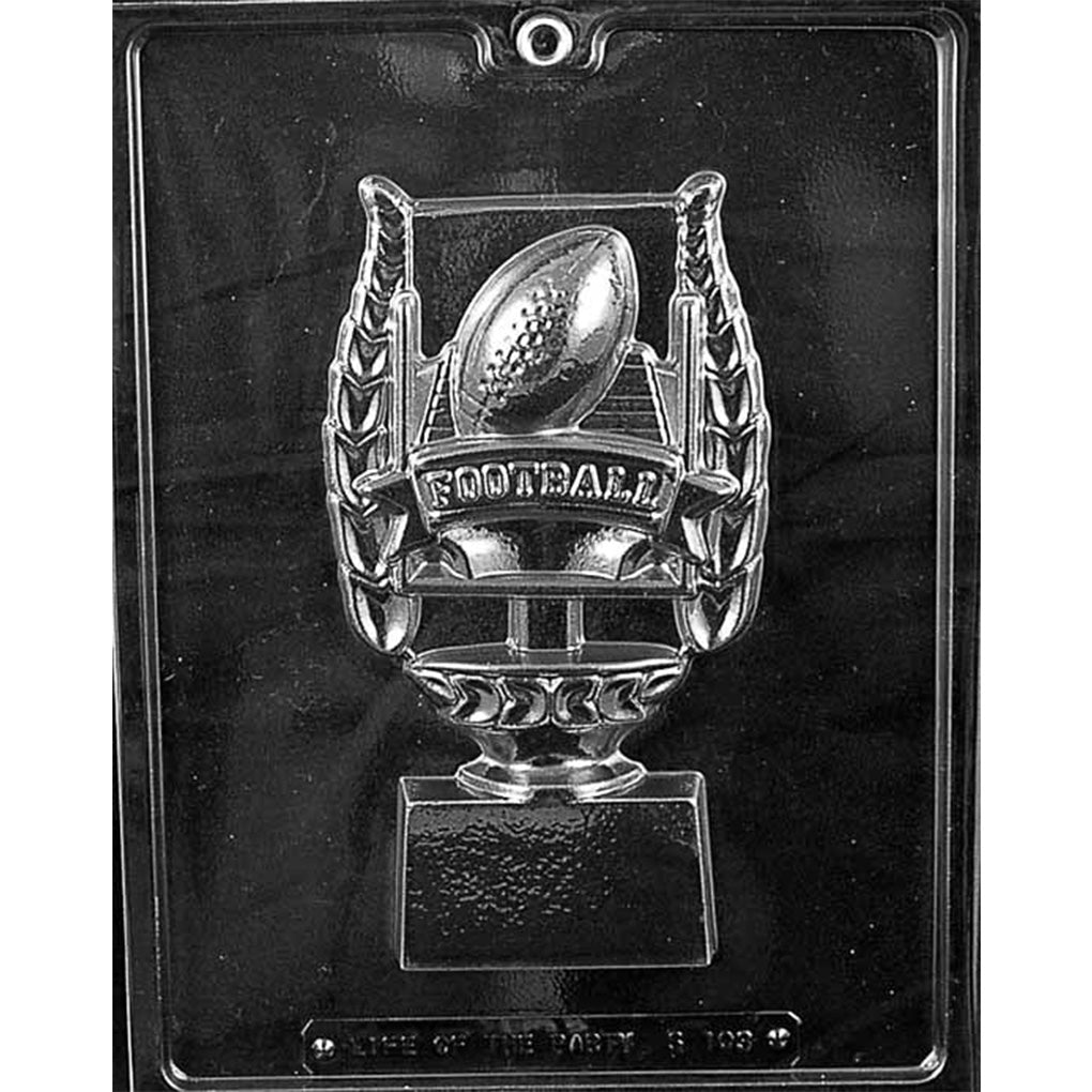 Single-cavity football trophy chocolate mold with a laced football between goalposts, raised “FOOTBALL” banner, laurel branches, ornate cup, and pedestal base.