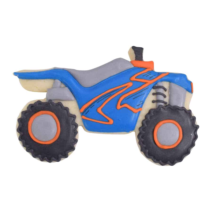 Decorated four-wheeler cookie with blue, black, and orange icing details, featuring realistic tire and body design.