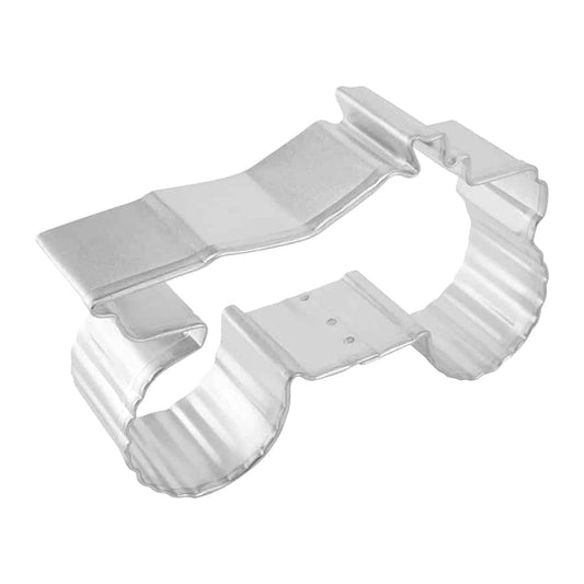 Angled side view of a sturdy four-wheeler-shaped cookie cutter with reinforced edges.