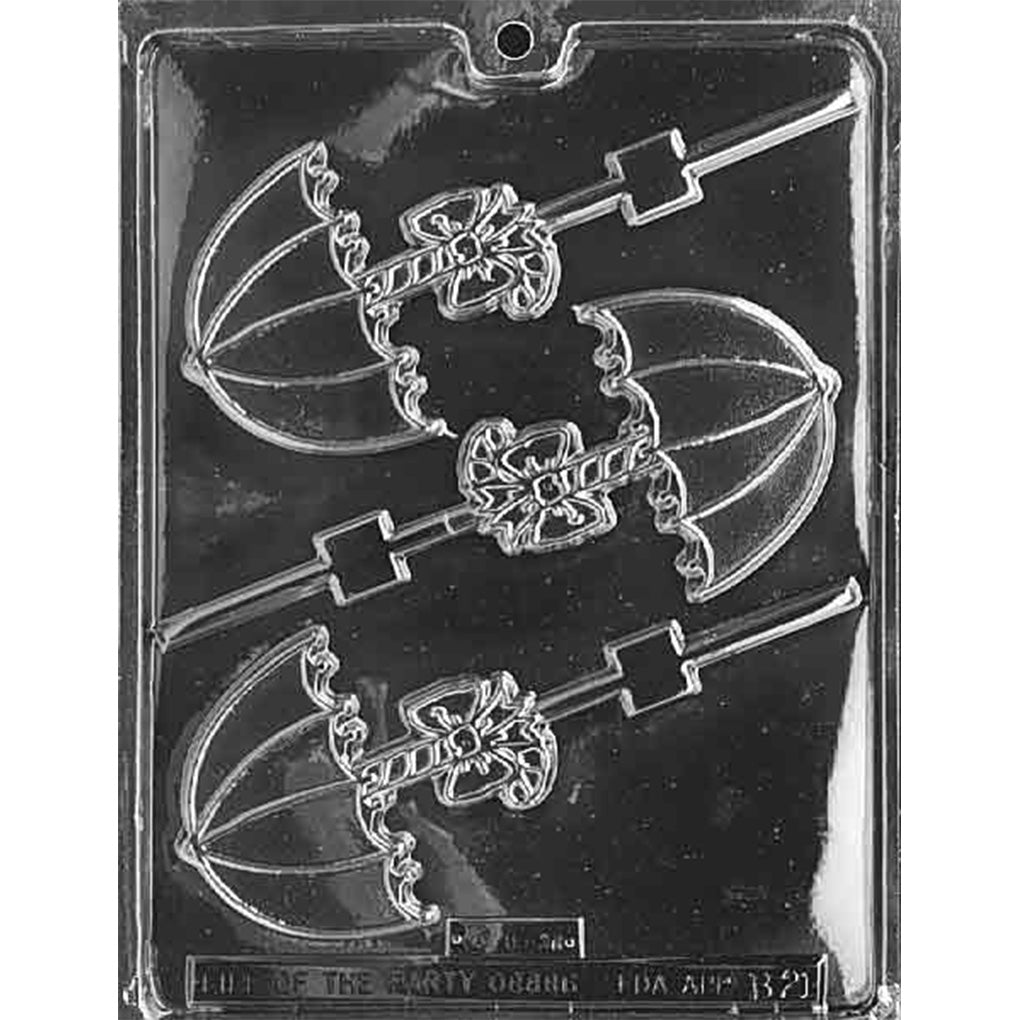 Clear plastic chocolate lollipop mold photographed on a dark background with three ornate umbrella cavities, featuring scalloped edges, decorative handle details, and a lollipop stick channel.