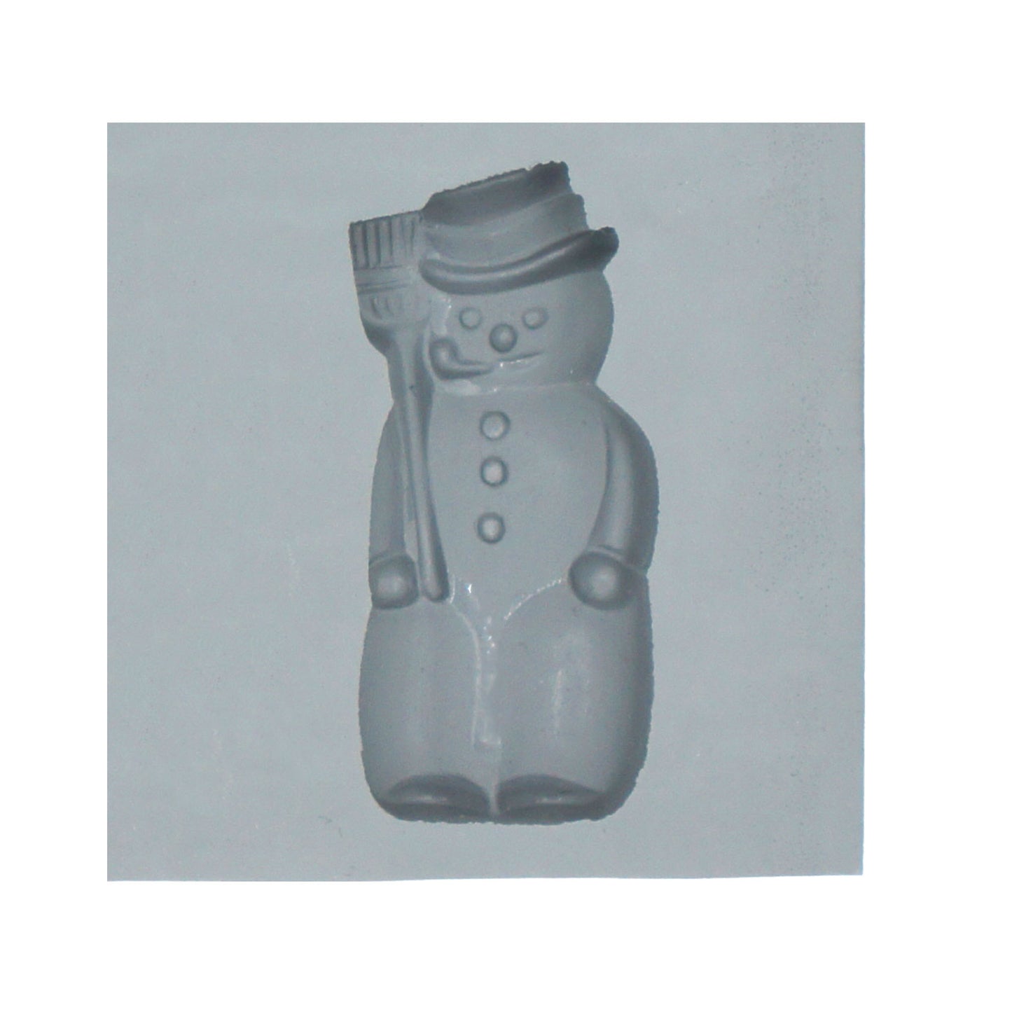 Close-up of large snowman rubber mint mold featuring classic details like top hat, buttons, broom, and pipe