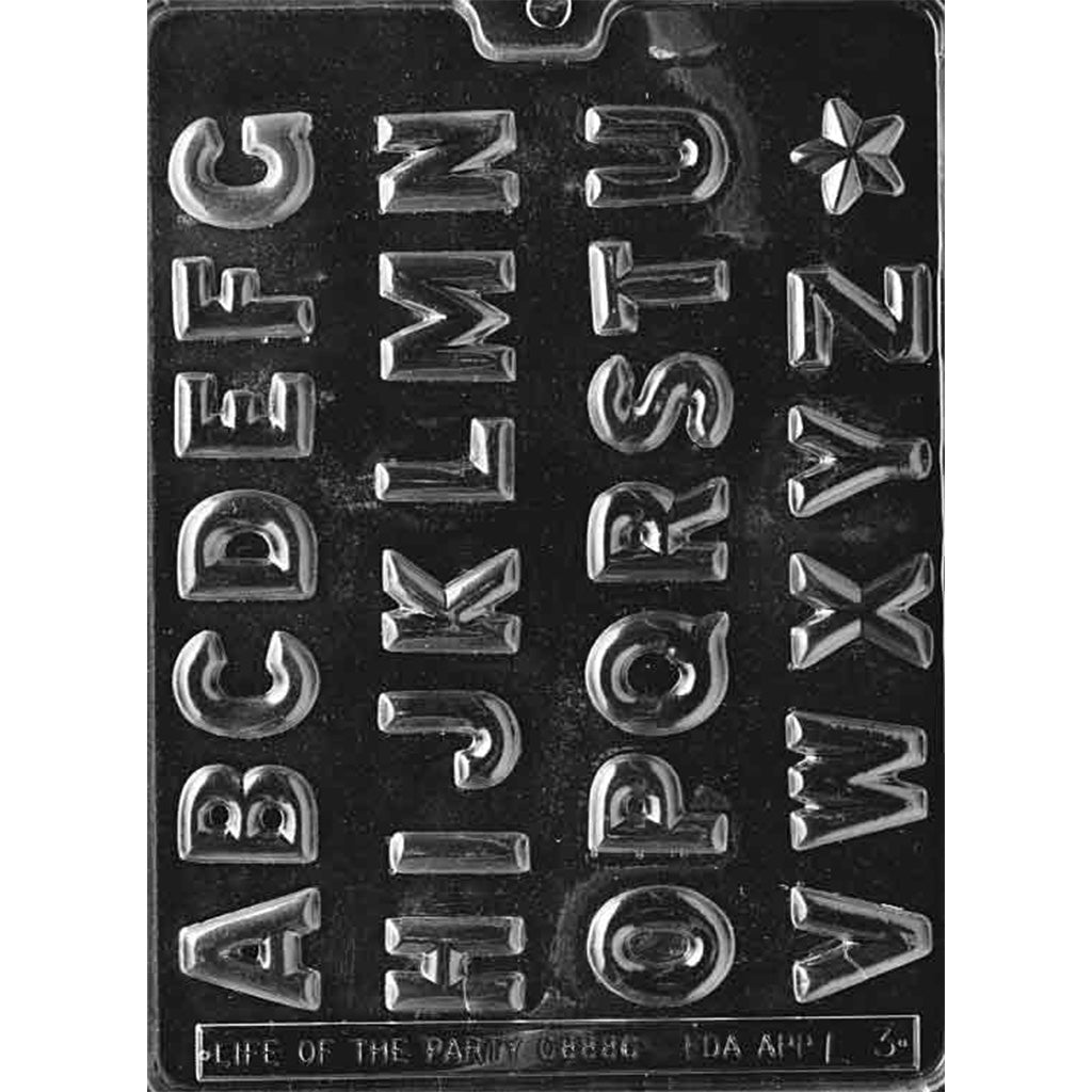 Plastic chocolate mold featuring the full uppercase alphabet A–Z, designed to create individual chocolate letters for custom words, messages, or names.