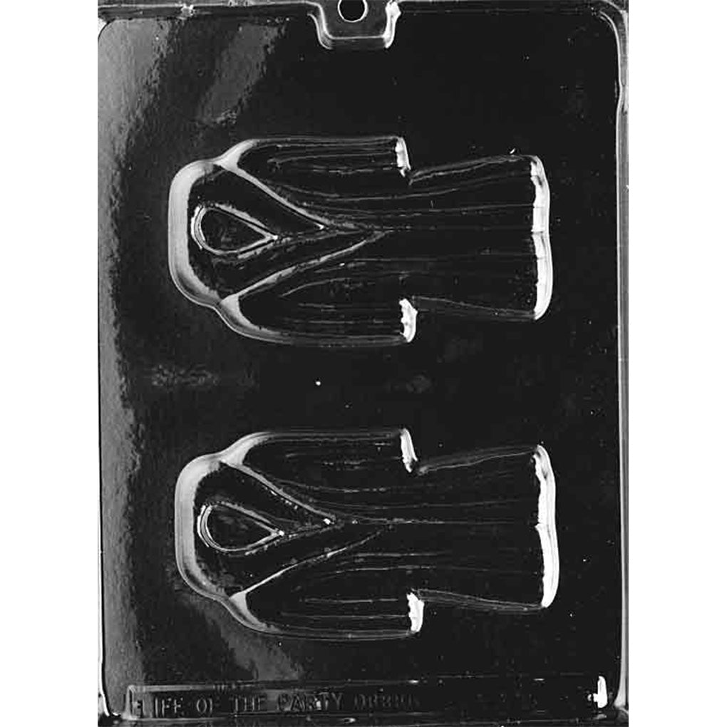 Clear plastic chocolate mold with two cavities shaped like full-length fur coats with wide collars and wrapped front detail.