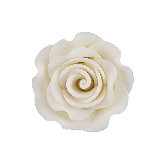 Ivory gum paste garden rose, 1.5 inches in diameter, with realistic petals and wire stem for cake decorating.
