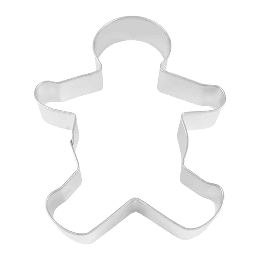 Large stainless steel gingerbread boy cookie cutter with a traditional shape, featuring rounded arms and legs.