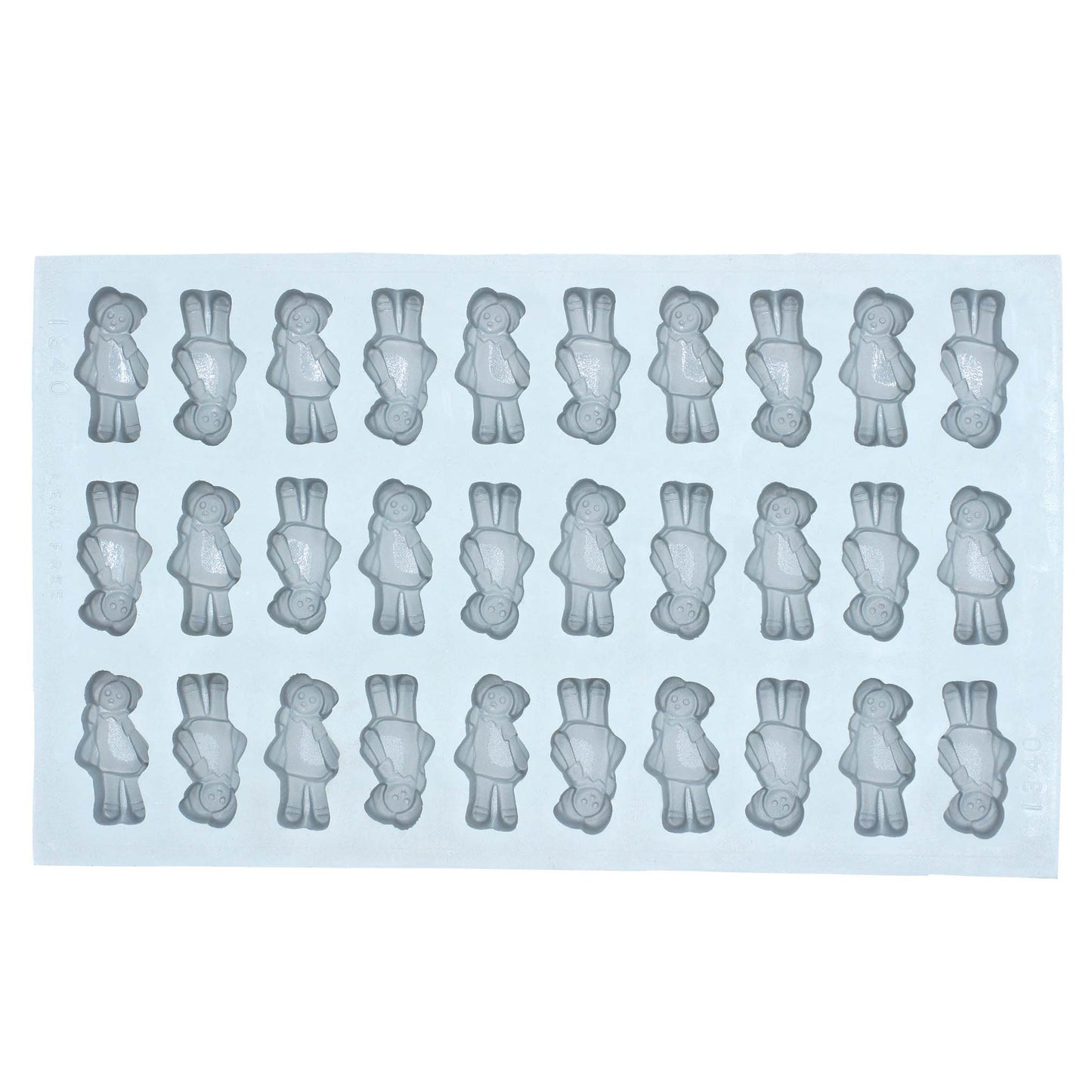 Full sheet of Raggedy Ann doll rubber mint mold with 30 cavities arranged in rows, ideal for making themed cream cheese mints or candy decorations.