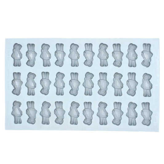 Full sheet of Raggedy Ann doll rubber mint mold with 30 cavities arranged in rows, ideal for making themed cream cheese mints or candy decorations.
