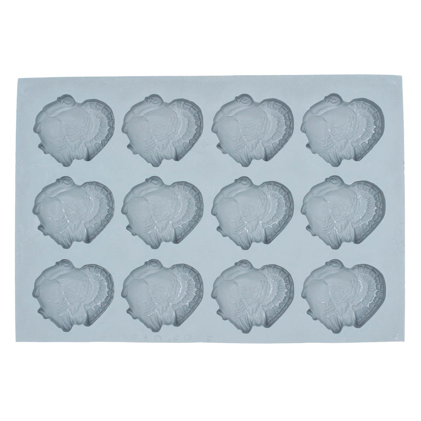 Full sheet of 12 rubber turkey molds, ideal for crafting large mints or chocolates for fall celebrations.