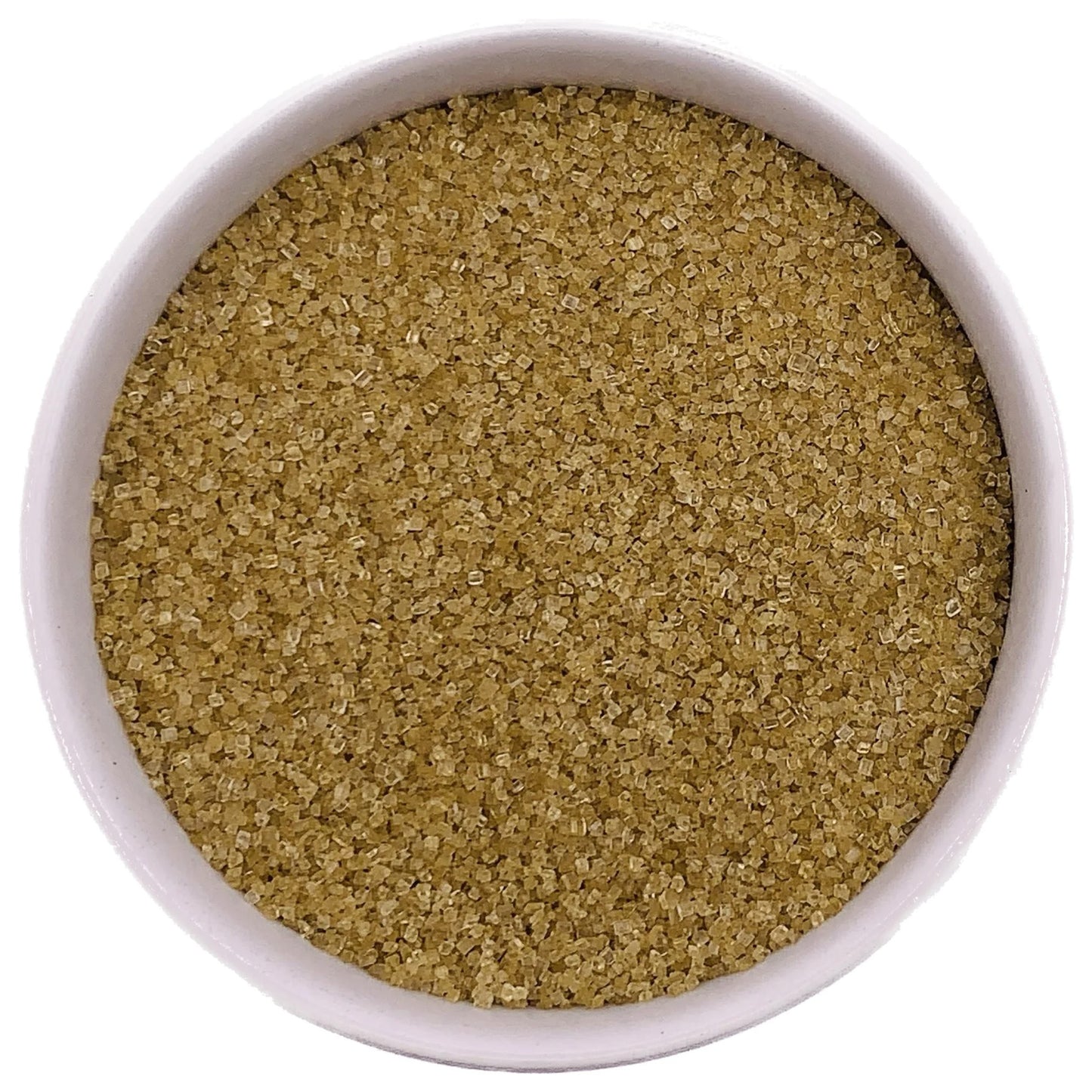 Bowl of gold fine sanding sugar crystals on a white background.
