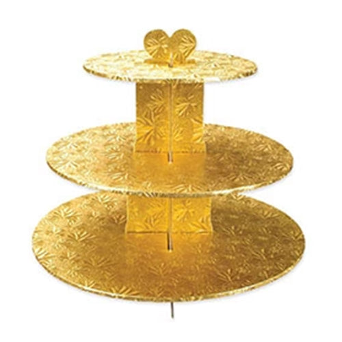 Three-tier gold cardboard cupcake stand featuring embossed floral design and heart-shaped top.