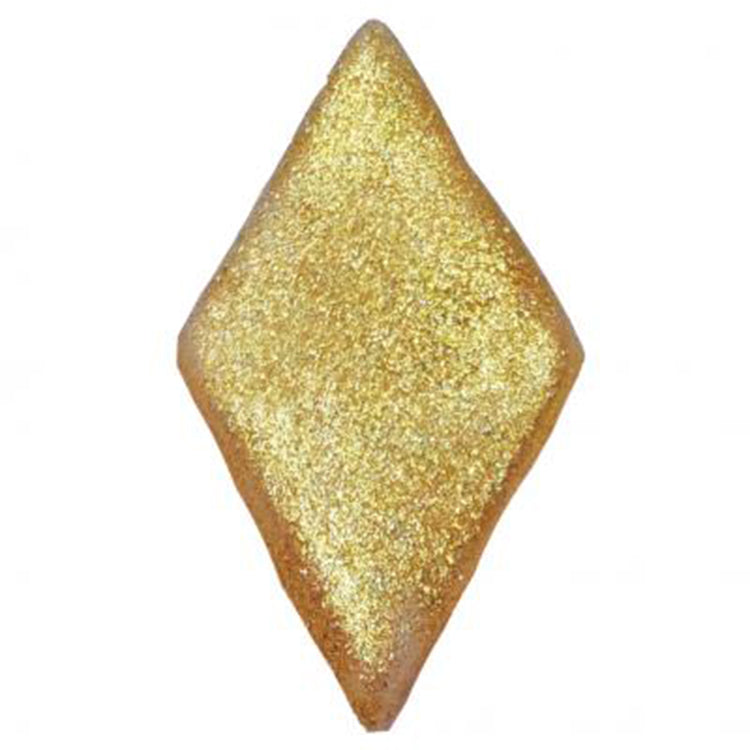 Close-up of a pointed diamond-shaped decoration coated in shimmering metallic gold Imperial Highlighter Glitter Dust against a white background.