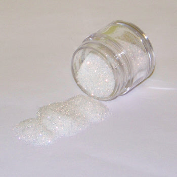 Iridescent white gold Galaxy Glitter Dust flowing from a jar, glowing with subtle rainbow sparkles and a delicate frosty finish.