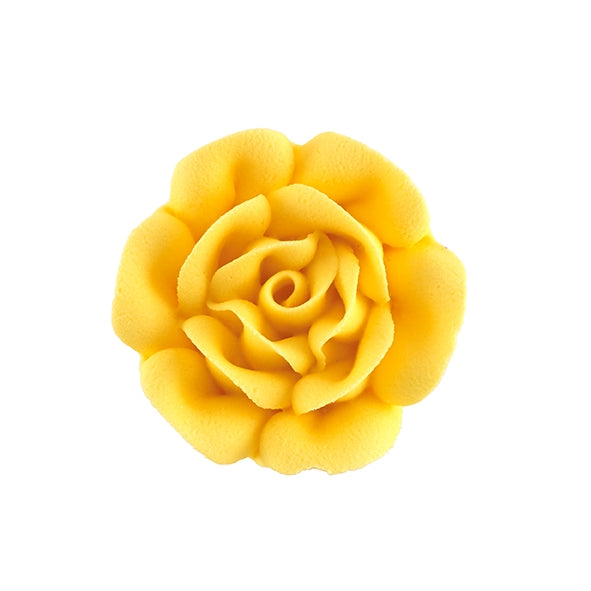 gold royal icing rose with layered petals, 1.75 inches in diameter