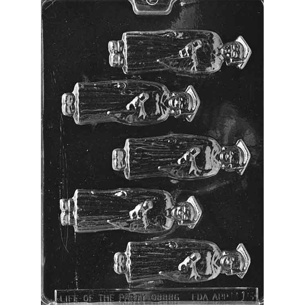 Clear plastic chocolate mold with five graduate figure cavities in cap and gown holding diplomas, arranged vertically on a dark background.