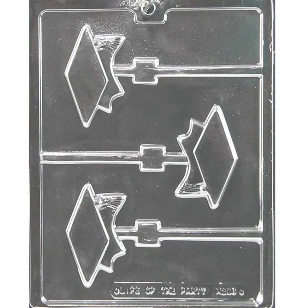 Clear plastic graduation cap chocolate lollipop mold with three mortarboard cap cavities showing a diamond-shaped cap and tassel detail, each with a stick channel.