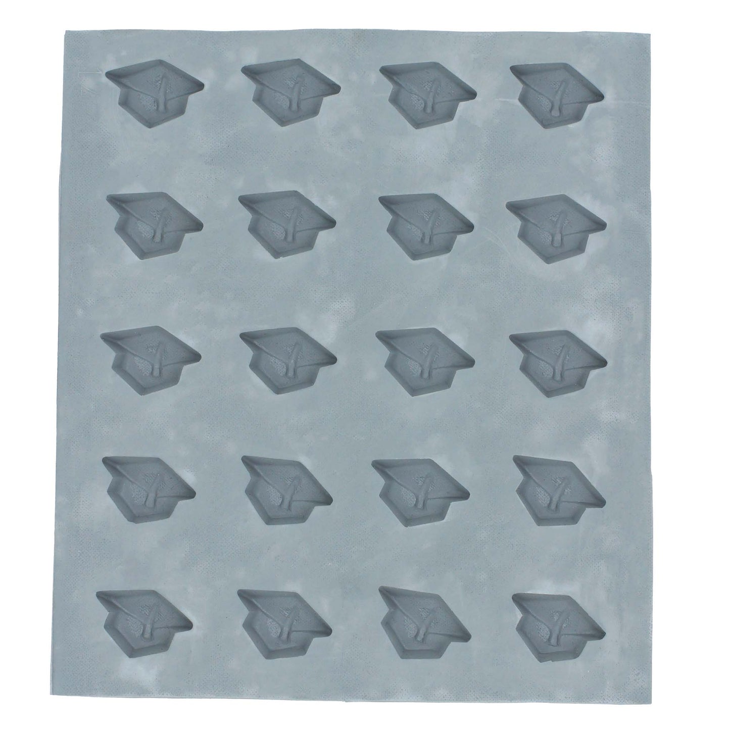 Full sheet of 20 graduation cap mint mold cavities used for creating themed cream cheese mints, chocolates, or fondant pieces.
