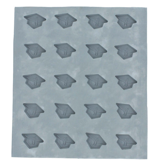 Full sheet of 20 graduation cap mint mold cavities used for creating themed cream cheese mints, chocolates, or fondant pieces.