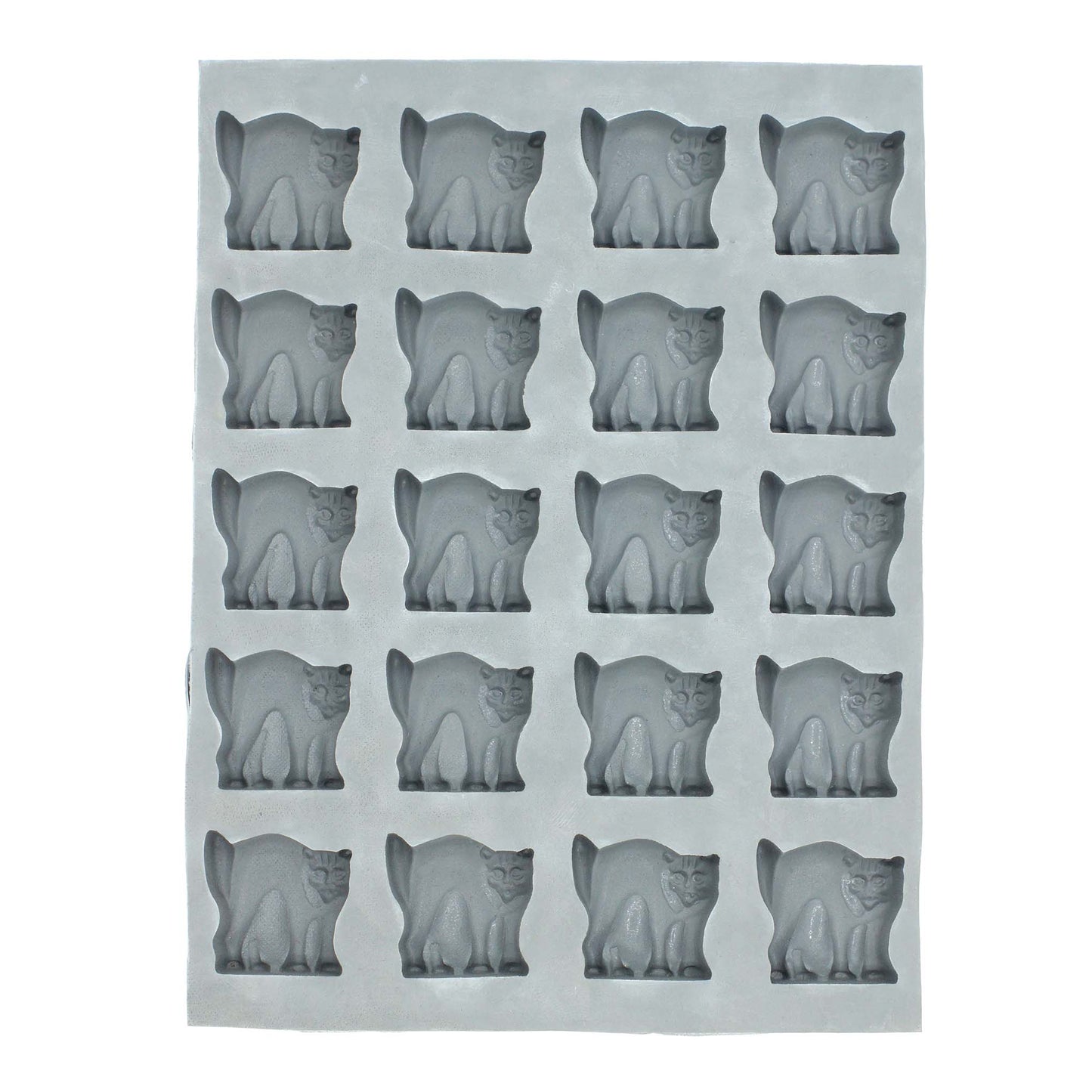 Full sheet of arched-back cat rubber mint molds, arranged in rows for making festive treats.