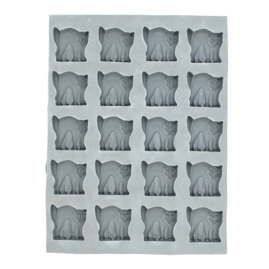 Full sheet of arched-back cat rubber mint molds, arranged in rows for making festive treats.
