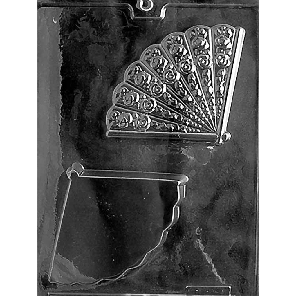 Two-piece hand fan dessert cup chocolate mold with a deep dessert-holding base and separate floral fan-shaped decorative lid