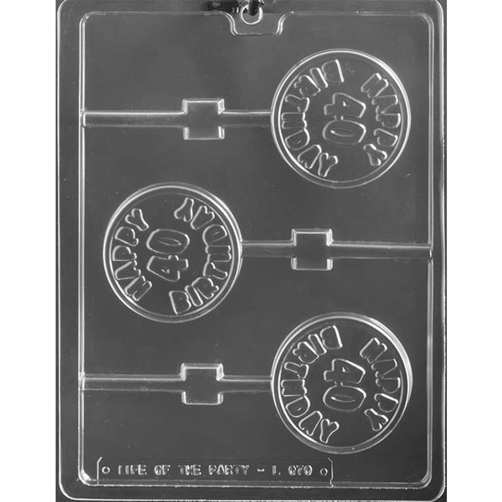 Three-cavity round 40th birthday chocolate lollipop mold with large 40 numerals, raised Happy Birthday lettering, circular borders, and stick channels
