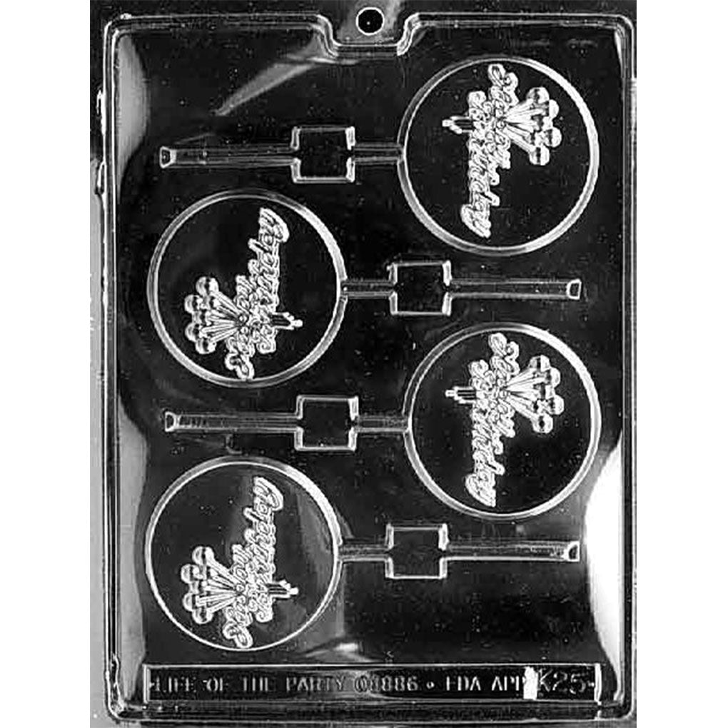 Happy Birthday round chocolate lollipop mold with four balloon-design cavities and built-in stick channels