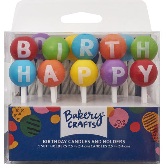 Happy Birthday 3D Round Candle Holder Set in retail packaging with colorful lettered holders and spiral candles