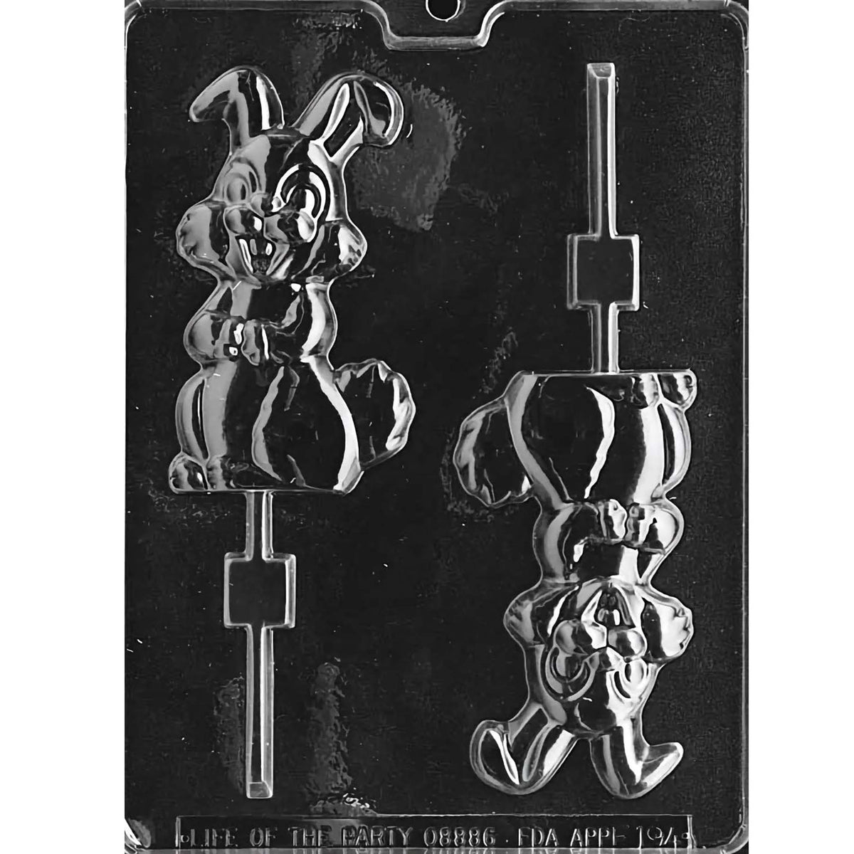 Two-cavity medium chocolate lollipop mold with smiling seated bunny designs measuring approximately 4 7/8 x 2 3/4 inches