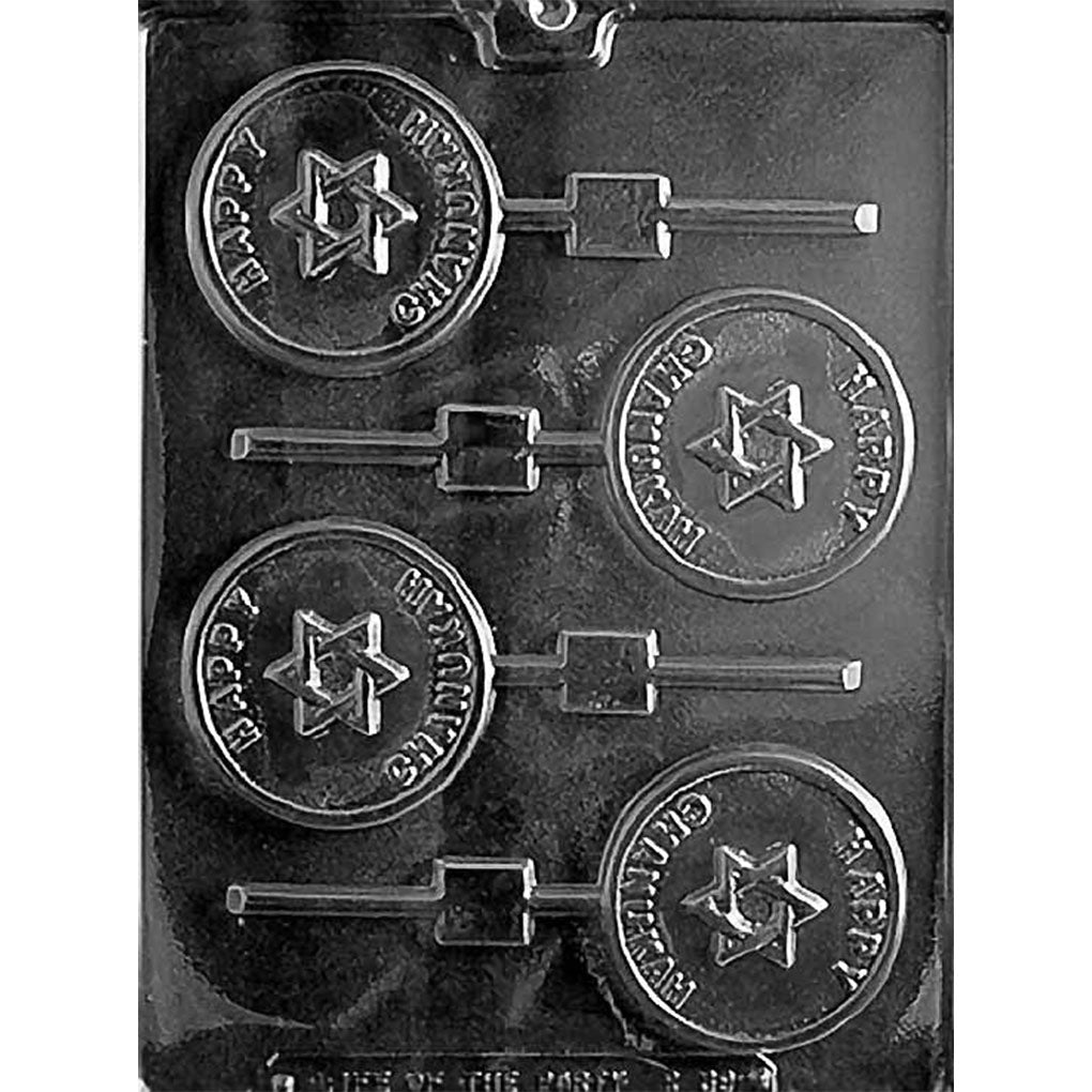 Happy Chanukah chocolate lollipop mold with four round cavities featuring raised Stars of David, curved holiday lettering, and stick channels