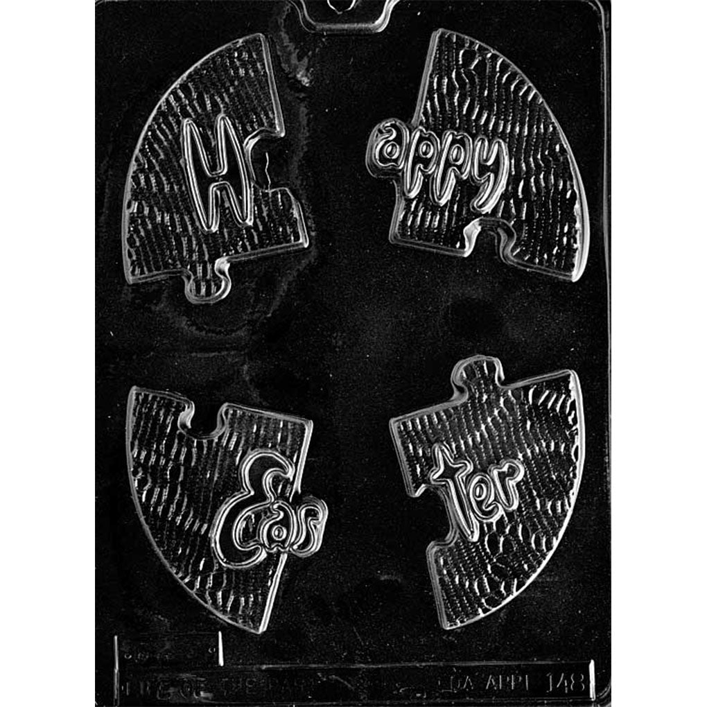 Four-cavity Happy Easter puzzle chocolate mold with textured interlocking pieces that form a 5-inch round chocolate
