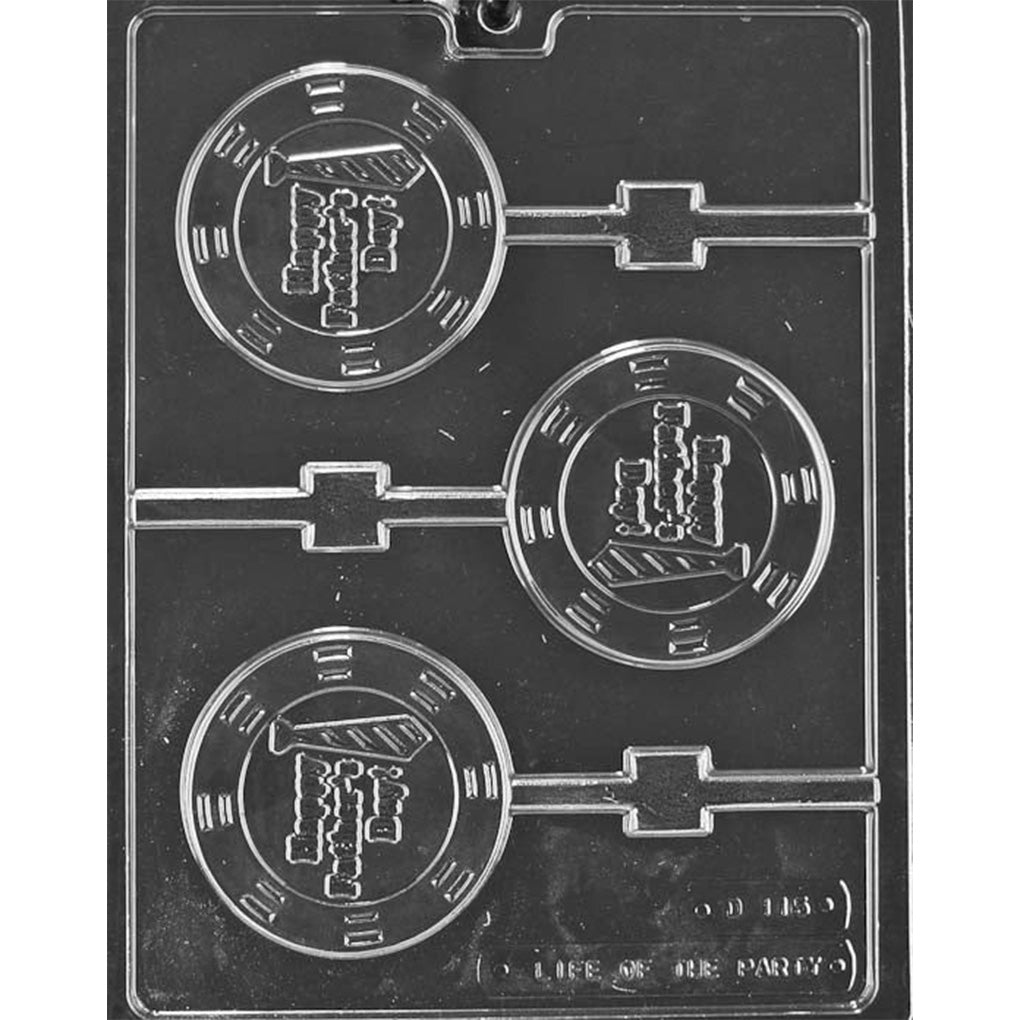 Clear plastic Father’s Day chocolate lollipop mold photographed on a dark background, showing three round lollipop cavities embossed with “Happy Father’s Day” and a necktie.