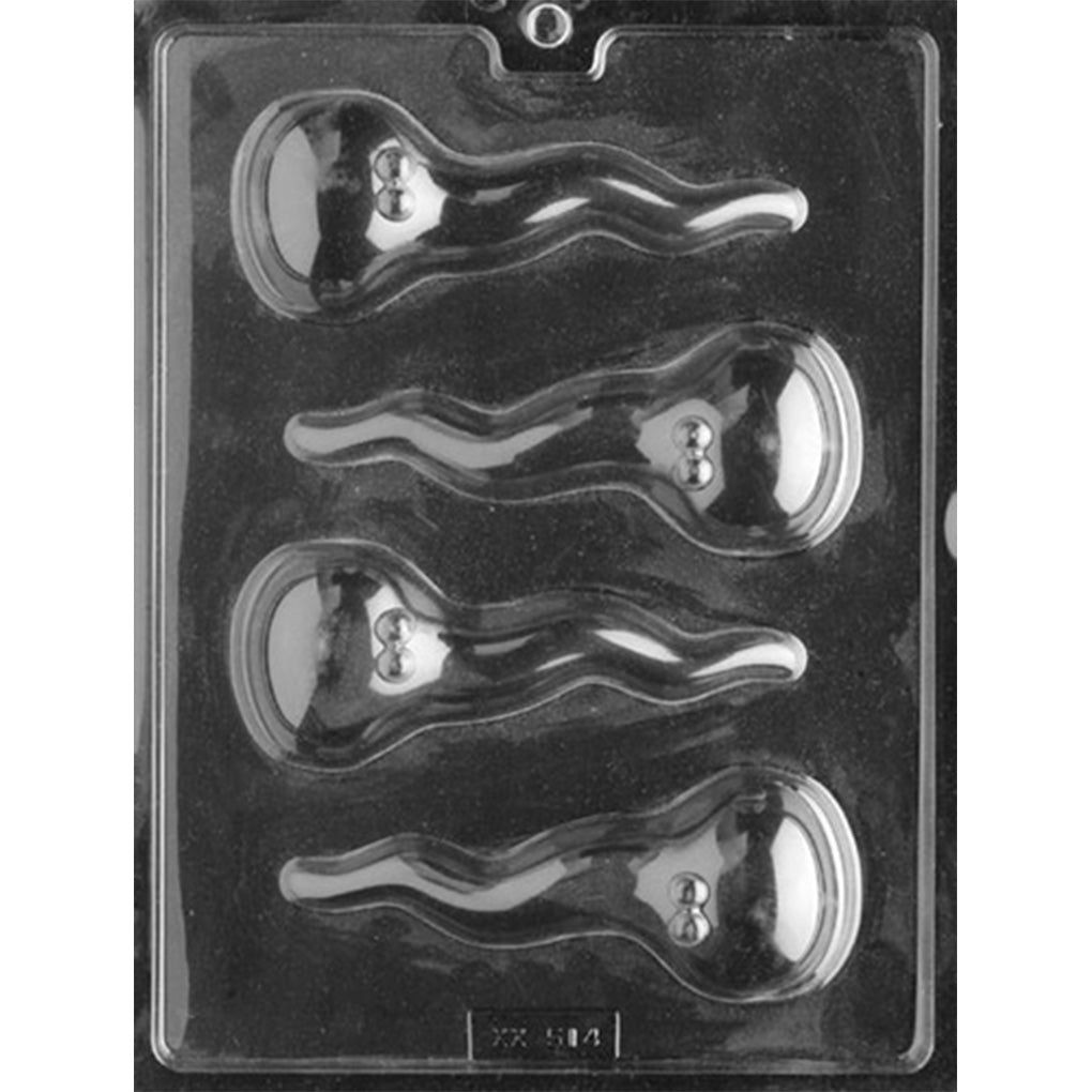 Clear plastic chocolate mold photographed against a dark background, featuring four large sperm-shaped cavities with rounded heads, playful eyes, and long wavy tails.