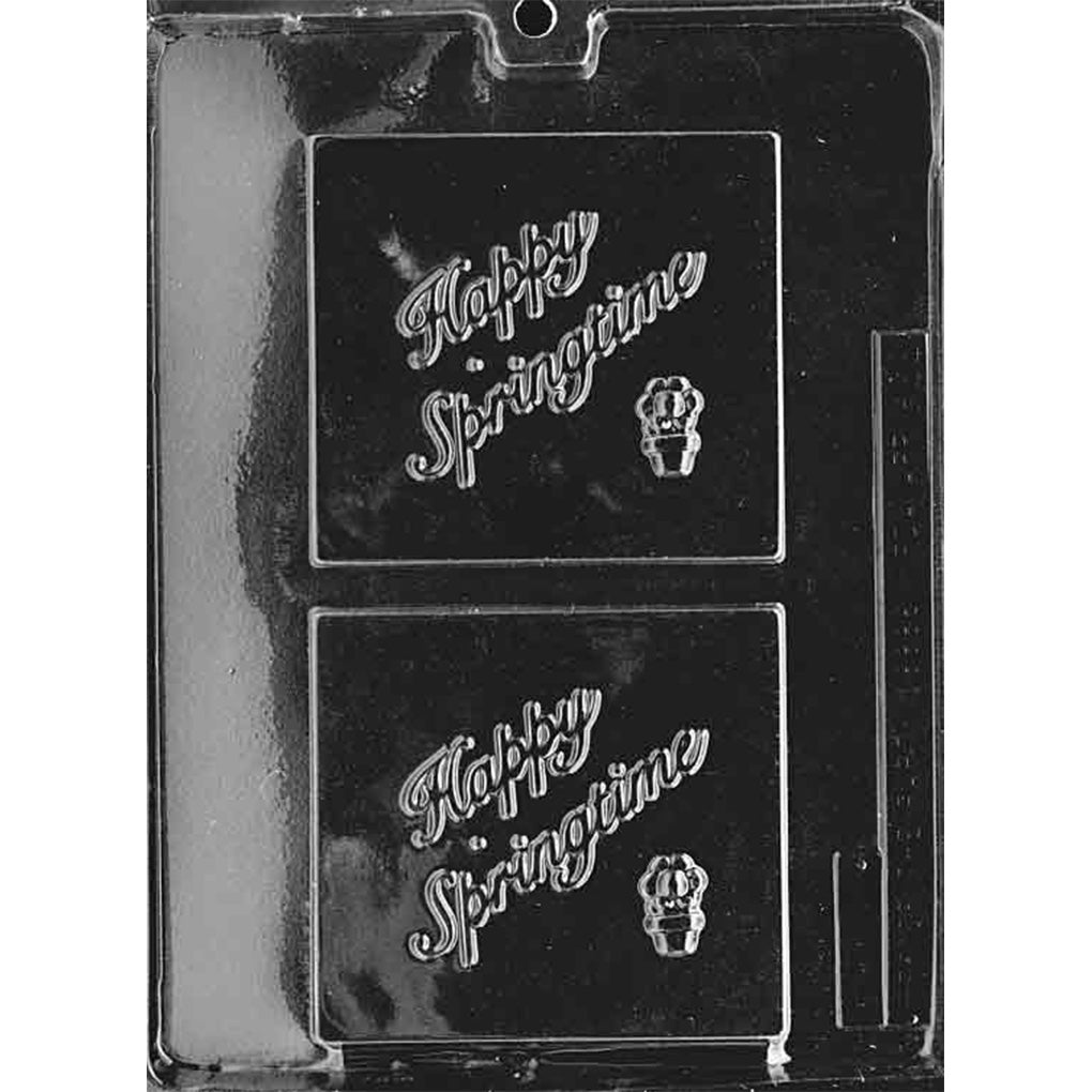 Happy Springtime square chocolate bar mold with two 4" x 4 3/8" x 1/2" cavities, script lettering, and a small potted-flower design