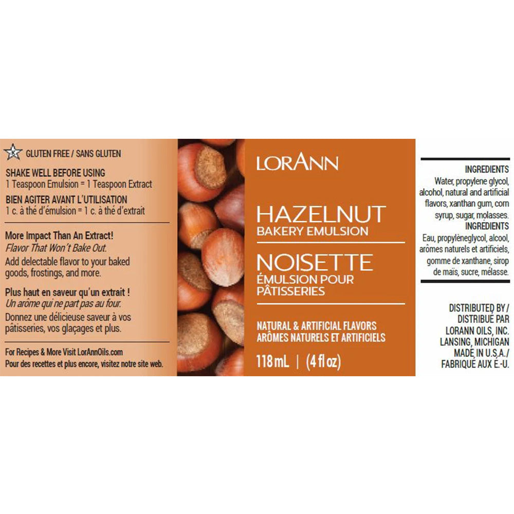 LorAnn Hazelnut Bakery Emulsion label with image of hazelnuts, 4 fl oz bottle, gluten-free with natural and artificial flavors.