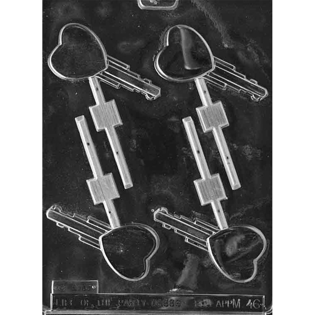 Clear plastic Heart Key Chocolate Lollipop Mold with four key-shaped cavities featuring smooth heart tops and built-in stick channels